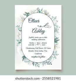 Elegant winter wedding invitation template featuring delicate white watercolor flowers, creating a soft and romantic design for special events.