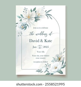 Elegant winter wedding invitation template featuring delicate white watercolor flowers, creating a soft and romantic design for special events.