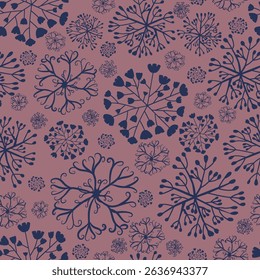 Elegant winter-themed seamless pattern featuring abstract floral and botanical silhouettes in deep navy blue over a muted plum background. Perfect for textile design, winter fashion, stationery, gift