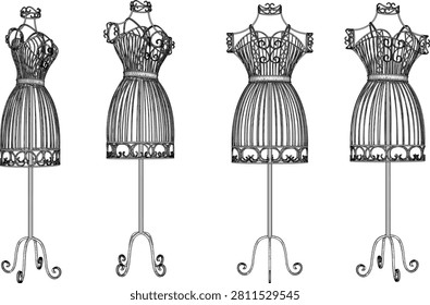 Elegant wirework clothing display dummy 3D illustration showcasing a stylized corset-shaped wire frame and curved support stand in multiple angles