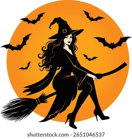 Elegante bruxa voando em vassoura com morcegos - Silhueta de Halloween contra lua laranja