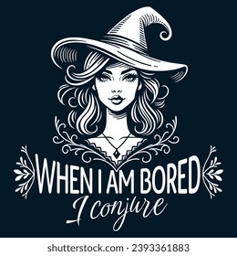 Elegant Witch with Hat and Magical Motif Art - Mystical Enchantress. Print for T-shirt, Hoodie, Sweatshirt, Mug.