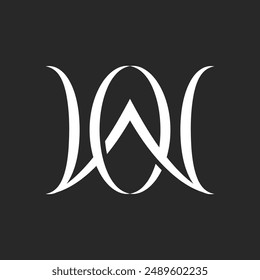 Elegante logotipo monograma de WO o OW con dos letras entrelazadas W y O con líneas fluidas y elegantes en un diseño minimalista en blanco y negro, perfecto para una marca sofisticada y una identidad visual elegante