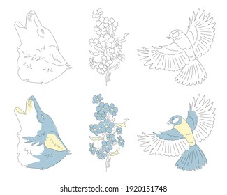 Elegant wolf, bird and flower icons in light blue and yellow colors. Gray wolf, forget-me-not and great tit.