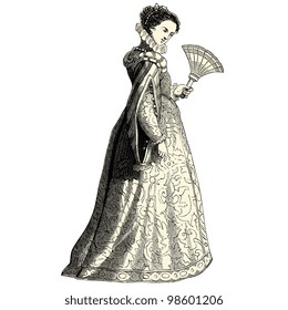 Elegant woman of the 16th century - vintage engraved illustration - "Costumes anciens et modernes " by Cesare Veccello ed.Firmin-Didot  in 1859 - Paris