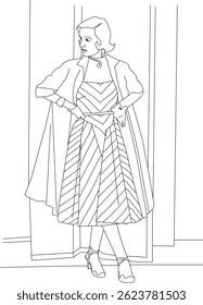 Elegant Woman in 1950s Fashion Line Art, Simple line art illustration of a stylish woman wearing classic 1950s fashion, featuring a full skirted dress and coat.