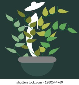 An elegant woman appears to emerge from a flower pot in a minimalist beauty and fashion illustration.