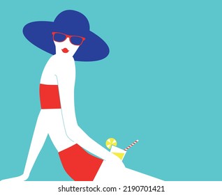 Elegante Frau mit Hut, Brille und einem Getränk, in Badebekleidung in der Sonne. Farbige Vektorgrafik, Vintage-Stil. Einzelnes Design. Mode- und Lifestyle-Konzept