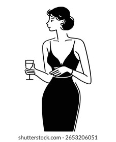 An elegant woman in a black evening gown holding a glass of wine at a party or reception. Minimalist line art for formal event and celebration concepts.