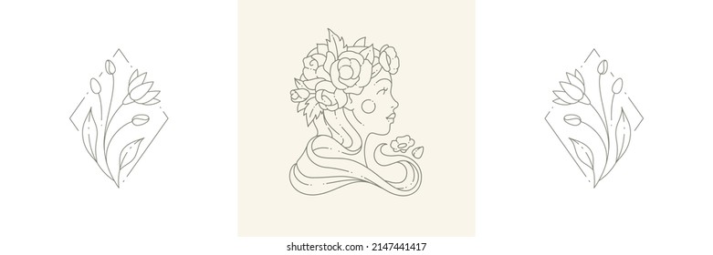 Mujer elegante con flor flor de flores y adorable floral adorable planta salvaje estacional en el marco rhombus set ilustración vectorial. Line art deco logotipo romántico wellness cosmetología salón de belleza femenina