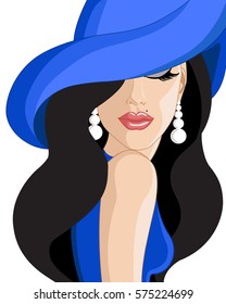 An Elegant Woman In A Blue Hat.Vector Illustration.