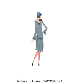 Elegant Woman in Blue Retro Dress and Hat, Beautiful Girl of 1920s, Art Deco Style Vector Illustration