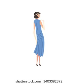 Elegant Woman in Blue Retro Dress and White Gloves, Beautiful Brunette Girl of 1920s, Art Deco Style Vector Illustration