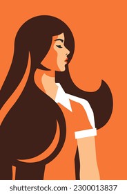 Elegant woman with brunette long hair portrait confidence self acceptance feminism concept poster vector flat illustration. Romantic female terracotta paint contemporary minimalism artwork silhouette