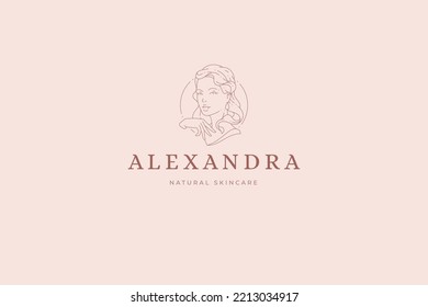 Elegant woman bust with natural beauty and fashion hairstyle minimalist line art logo vector illustration. Romantic female head monument medieval monochrome decorative design business emblem