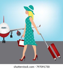 Elegant woman carrying a suitcase at the airport, vector
