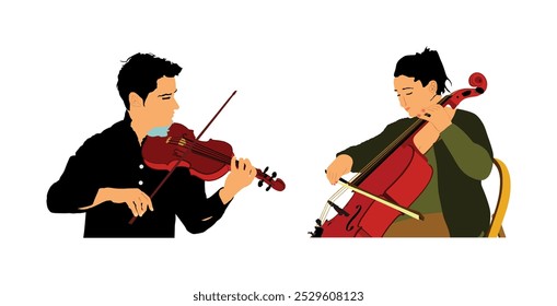 Elegant woman cellist playing cello duet with violin man vector illustration isolated. Music artist duo girl and boy string instrument. Jazz lady performer. Musician play cello. Classic music event.