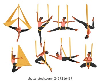 El Elegante Personaje De La Mujer Gira Y Se Suspende En El Aire, Practicando Yoga Aéreo En Una Hamaca. La Serenidad Se Encuentra Con La Fuerza A Medida Que Fluye A Través De Poses Suspendidas Con Un Aplomo Y Equilibrio Sin Esfuerzo. Conjunto de vectores