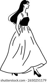 Mulher elegante em um vestido preto e branco clássico, esboço de moda simples para uma ocasião especial.