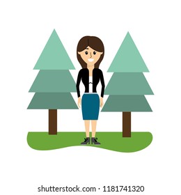 elegant woman with clothes and pine trees