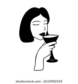 Elegant Woman with Cocktail Glass – Minimalist Black and White Vector Illustration