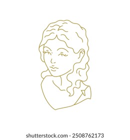 Elegant woman with curly hair bust minimal golden line art beauty icon vector illustration. Stylish female goddess statue romantic hand drawn silhouette logo for skin care spa wellness luxury brand