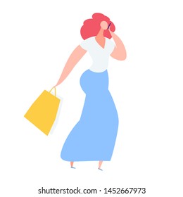 Elegant woman with curly red hair talking on phone, fashion girl wearing blue long skirt and white T-shirt carrying shopping bag, flat style vector illustration