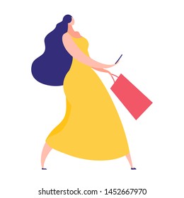 Elegant woman with dark long hair using phone, recording message or taking selfie, fashion girl wearing yellow dress carrying shopping bag, flat style vector illustration