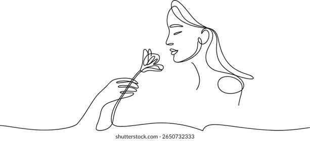 Elegant Woman with a Delicate Flower Continuous Line Art Capturing Femininity and Grace with Minimalist Beauty and Simple Design