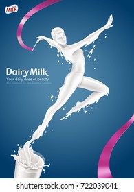 Elegant woman doing rhythmic gymnastics and jumping out of glass of milk in 3d illustration, blue background