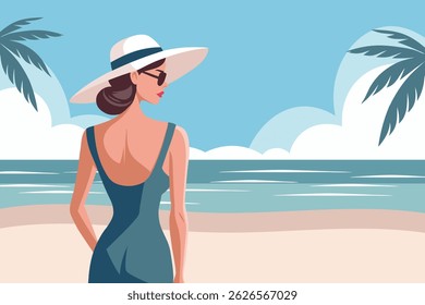 Elegant woman in dress and hat on the beach. Summer time, vacation concept. Travel illustration.