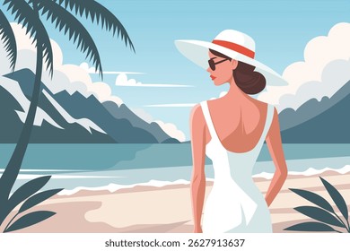 Elegant woman in dress and hat on the beach. Summer time, vacation concept. Travel illustration.