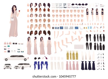 Elegant woman dressed evening prom clothing creation set or DIY kit. Collection of body parts, facial expressions, postures. Female cartoon character. Front, side, back views. Vector illustration.