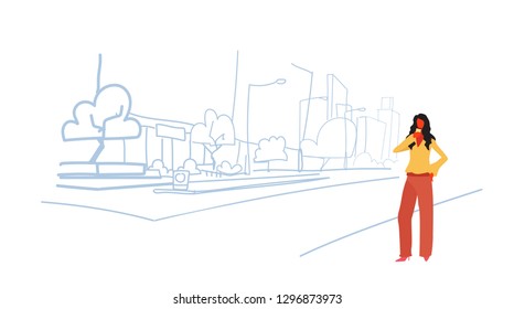 elegant woman drinking coffee businesswoman standing outdoor modern city street skyscraper buildings view cityscape sketch doodle full length horizontal