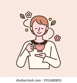 An elegant woman is drinking tea with a pretty mug in her hand. flat design style minimal vector illustration.