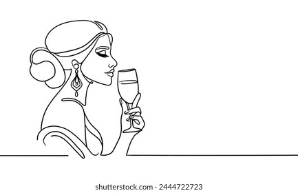 Elegant woman drinks wine or champagne from a glass, continuous line art drawing isolated on white background. Girl enjoying a drink line art drawing. Vector illustration