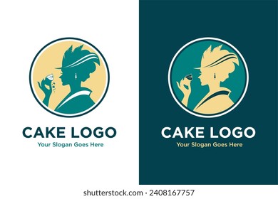 elegant woman eating cake illustration vector logo design