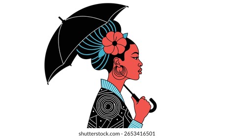 Elegant woman with elaborate hairstyle and umbrella in a traditional outfit on a white background featuring vibrant colors and intricate patterns