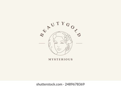 Elegant woman face with flower in hair outline logo design template for coiffure vector illustration. Beautiful botany female portrait with floral hairstyle line logotype for hairdresser makeup artist