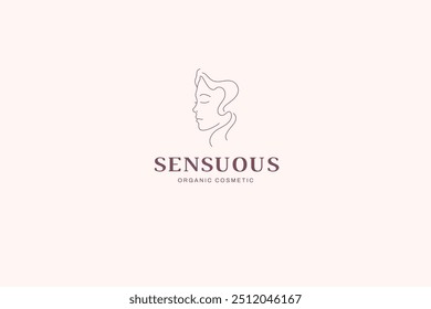 Elegant woman face minimalist line art logo design template for cosmetic brand vector illustration. Female portrait romantic silhouette contoured emblem for spa skin care coiffure makeup artist