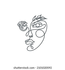 Elegant woman face in single line art style with flowers.Continuous line art in minimalist style for printing, tattoos, posters, textiles, cards etc. Beautiful fashion woman face vector illustration
