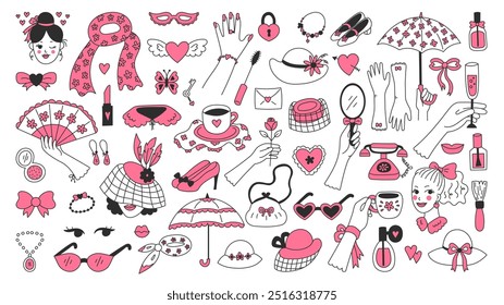 Elegant Woman Fashion and Accessories Coquette Doodles Set. Vector Illustrations. Outline cartoon style. Hand drawn vintage flirty romantic icons with black and pink colors.