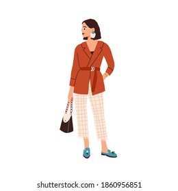Elegant woman in fashion outfit. Modern female character wearing trendy blazer, checkered ankle-length pants with fringe and stylish accessories. Flat vector illustration isolated on white background.