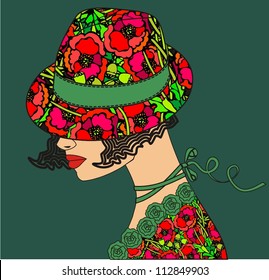 Elegant woman a flower hat (vector illustration).