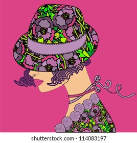 Elegant woman a flower hat (vector illustration).