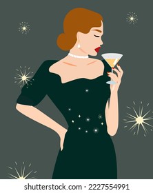 An elegant woman with a glass of cocktail. Lady in a beautiful evening dress, a glass of champagne or wine in her hand. Vintage stylish look and fashion accessories earrings and necklace. New year 