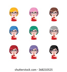 Elegant woman with glasses - 9 different hair colors ( flat colors )