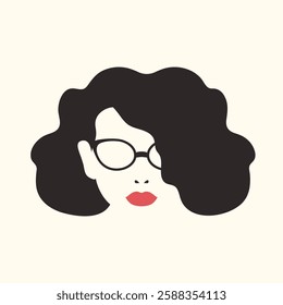 Elegant woman in glasses icon. Abstract minimalist portrait of a female face. Haircut, nose, red lips and eyeglasses. Vector illustration