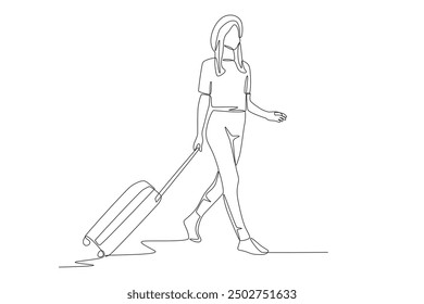 Mujer elegante que va de vacaciones. Concepto de viaje de Festiva dibujo de una línea