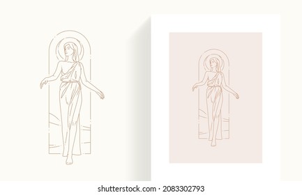 Elegant woman Greek antique goddess in dress with half moon decorative esoteric frame line art card icon set. Ancient romantic lady simple monochrome logo vector illustration isolated on white. Beauty